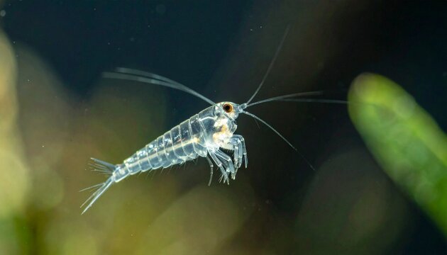 Close-up macro of transparent freshwater copepod with single eye swimming