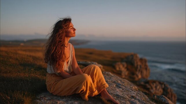 Young woman sitting on a rocky cliff overlooking the ocean. she is wearing a white tank top and yellow pants, and her long curly hair is blowing in the wind.