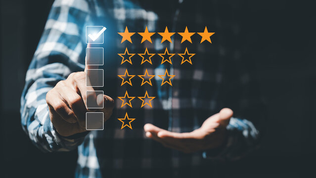 A man in a blue plaid shirt giving a fivestar rating with his hand  evaluating quality and satisfaction