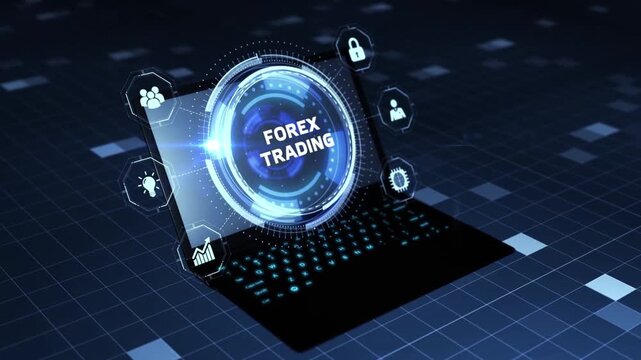 Forex Trading Text on Futuristic Laptop Screen with Digital HUD HUD