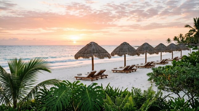 Tropical beach resort sunset palm thatch umbrellas and lounge chairs on white sand