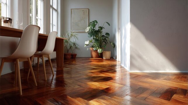 Modern dining room with a wooden floor and white walls. the floor is made of wooden planks arranged in a herringbone pattern, creating a warm and inviting atmosphere.