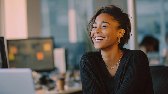 Candid close up of woman laughing during office teamwork meeting, realistic corporate mood