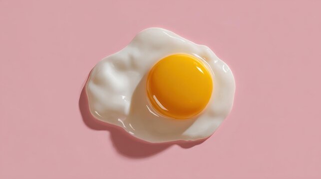 Close-up of a single fried egg on a pink background. the egg is in the center of the image, with the yolk in the middle and the white outer edge of the egg.