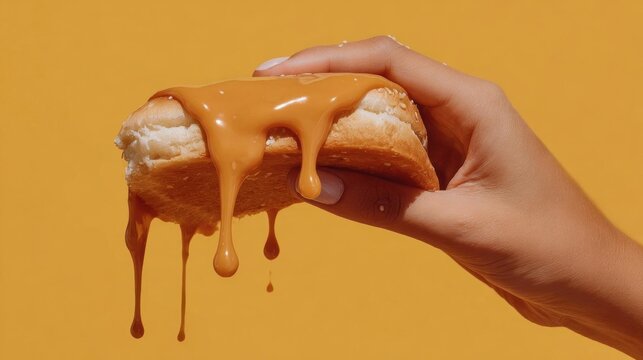 Hand holding a piece of bread with a drizzle of caramel sauce on top. the bread appears to be a light brown color and has a soft, fluffy texture.