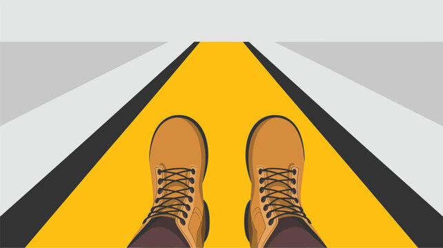 First-person perspective of brown leather lace-up boots standing firmly on a vibrant yellow safety walkway between two gray walls in a minimalist flat design.