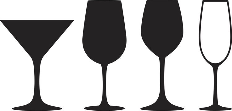 Glass, icon set featuring wine and champagne glasses for drinks parties celebrations bars and restaurants, modern flat vector illustration collection.