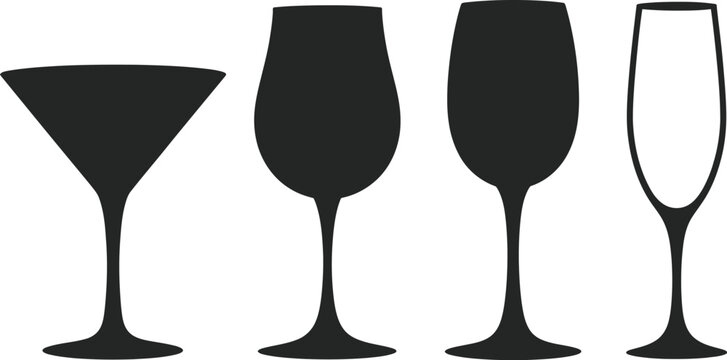 Glass, icon set featuring wine and champagne glasses for drinks parties celebrations bars and restaurants, modern flat vector illustration collection.