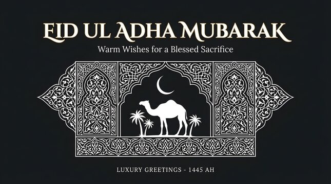 Eid ul adha mubarak greeting with camel silhouette and desert scene, silhouette
