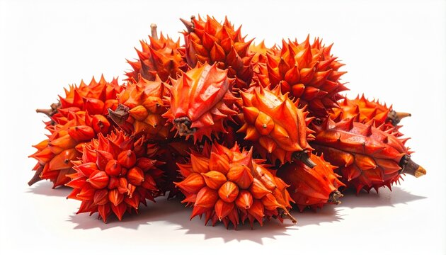 Close-up of vibrant red annatto seeds in a dense cluster on white background