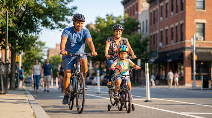 Fototapeta premium World Bicycle Day Latin family cycling city street parents children bonding outdoor activity healthy lifestyle eco-friendly transportation weekend fun togetherness joy happiness