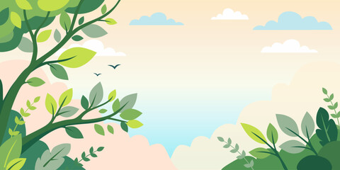 Scenic landscape illustration with tree branches and green leaves against a soft sky background. Nature scenery for greeting card and banner. Environmental concept and woodland theme. © Helena