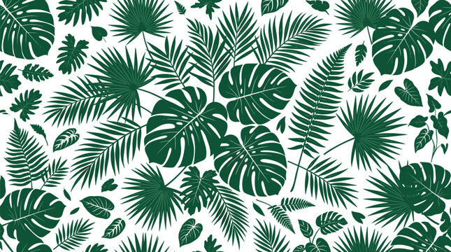 Green Tropical Leaves Seamless Pattern Vector Background with Monstera Palm Fronds and Fern Foliage Elements for Summer Wallpaper Fabric Textile Designs