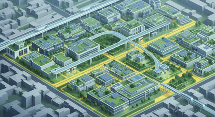 Fototapeta premium Bird's-eye view of a futuristic smart city district with interconnected buildings and green spaces