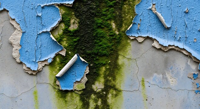 Peeling blue paint on a textured wall with mossy growth