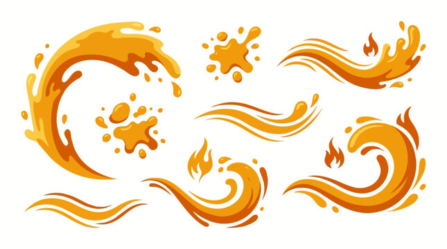 Orange liquid splashes and waves set in a vibrant cartoon vector style isolated on white