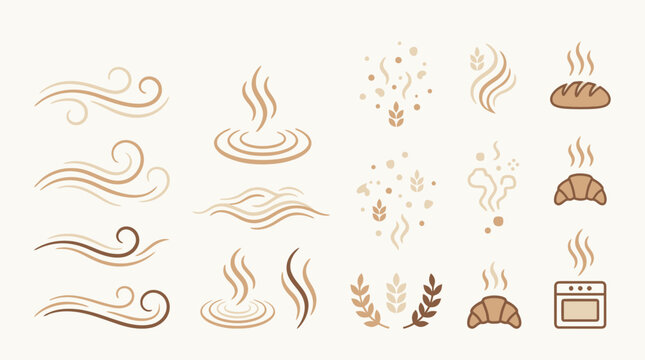Minimalist bakery icons depicting aromatic scents and fresh baked goods on a clean beige background