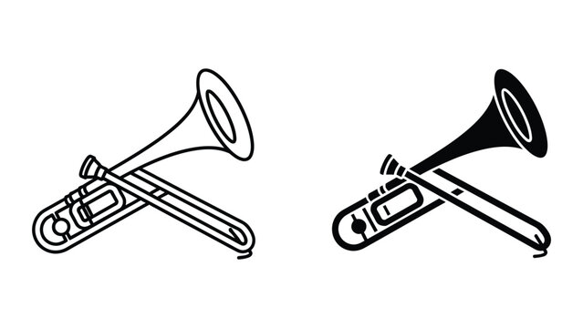 Two crossed trombone musical instruments with different bell styles