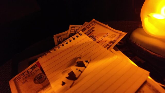 Pile of US Dollar Bills and Lined Paper Under Warm Candlelight