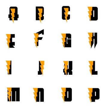  A collection of modern alphabet letter logo designs integrated with a sharp yellow lightning bolt icon in black bold typography style on a clean white background for creati