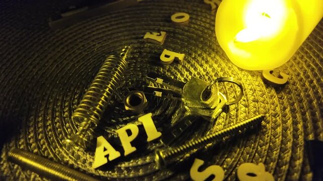 API concept with screws, nuts, and keys on textured surface