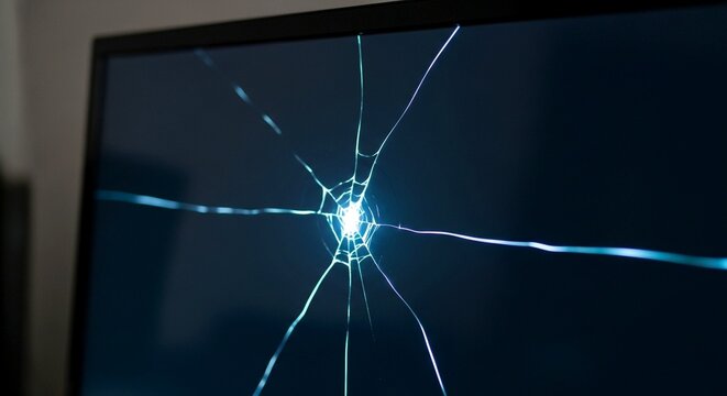 Cracked computer monitor screen displaying blue light effects