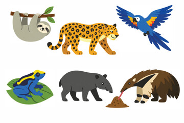 Fototapeta premium Tropical rainforest animals vector set, cute jungle wildlife collection with jaguar and sloth, exotic south american fauna illustrations for kids