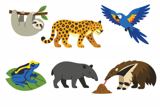 Tropical rainforest animals vector set, cute jungle wildlife collection with jaguar and sloth, exotic south american fauna illustrations for kids