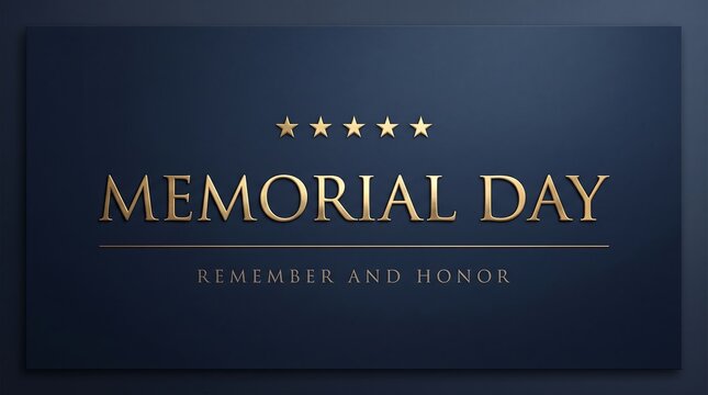 Memorial day banner with gold text and five stars on a dark blue background