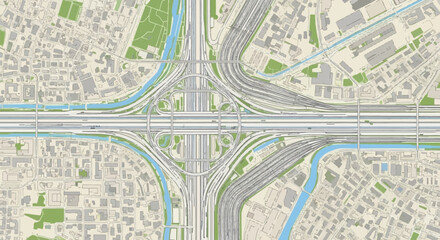 Fototapeta premium A complex urban interchange system with multiple lanes and bridges, illustrating modern infrastructure and efficient transportation networks