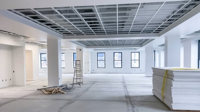 Spacious empty commercial interior space under construction with white walls ceiling grid ready for installation and large windows allowing natural light to fill area