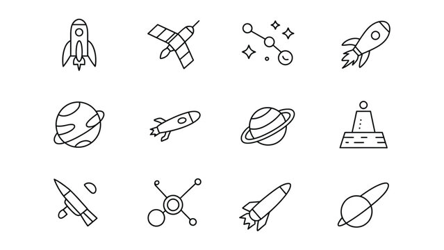 Collection of outline icons representing rockets planets satellites and celestial bodies for a cosmic theme