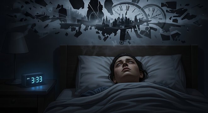 Person awake in bed at night with distorted city and clock imagery above