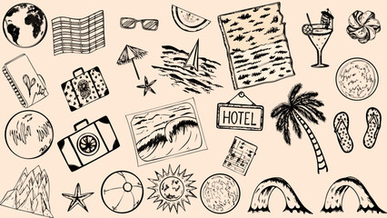 travel themed sketch collection with globe suitcase beach items and hotel sign on a beige background © Sampad