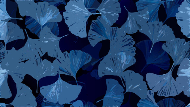 seamless pattern of overlapping blue fan shapes stylized botanical illustration with dark navy background