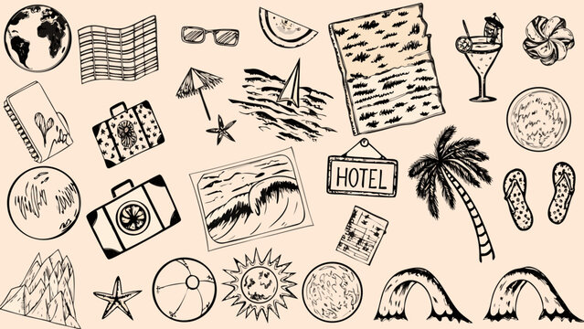 travel themed sketch collection with globe suitcase beach items and hotel sign on a beige background