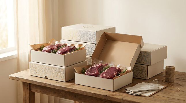 Premium raw meat gift boxes on a rustic wooden table
