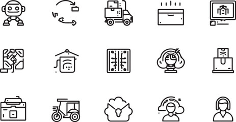Universal Transportation and Vehicle Icon Set Featuring Automotive Public Transit and Logistics Mobility Symbols in Black Glyph Style © rofikgraph24
