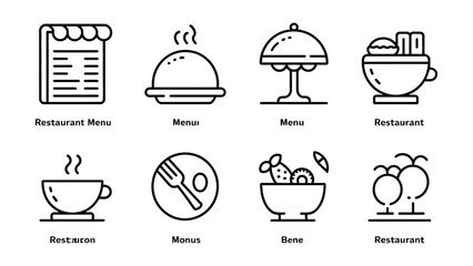 Collection of simplified linear icons representing restaurant dining experiences including menus food and drinks © Md