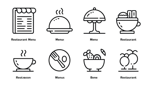 Collection of simplified linear icons representing restaurant dining experiences including menus food and drinks