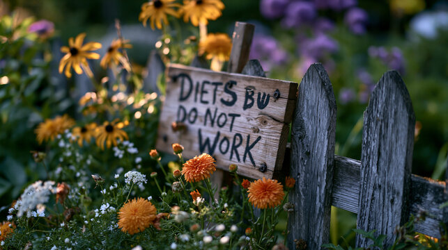 Bold protest lettering on a homemade sign reading Diets Do Not Work propped against a summer garden fence, sunlight and wildflowers around it, diet culture criticism visual, perfect for body positiv