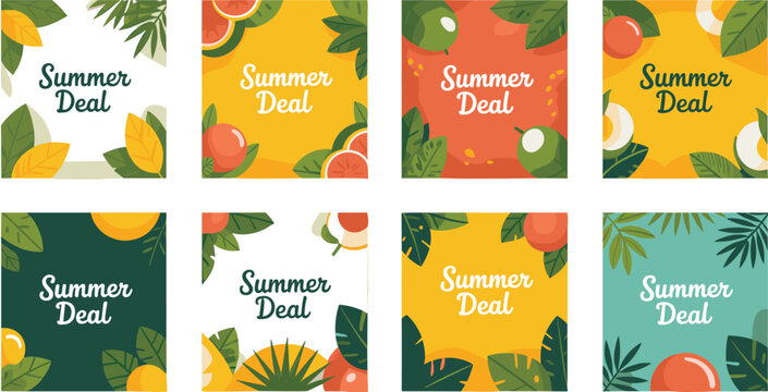 Summer deal promotion square cards collection with tropical leaves and citrus fruit prints