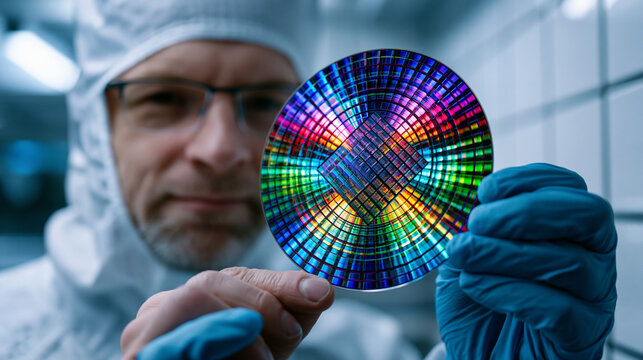 Cleanroom technician holding a silicon wafer toward overhead UV light, circular rainbow diffraction pattern visible on its surface, full bunny suit and face shield, white tile walls, perfect for sem
