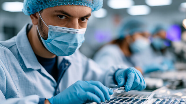 Cleanroom workers assembling medical device components on a white laminar flow bench, hairnets and sterile packaging visible, high-contrast overhead lighting, blank white walls, perfect for medical 