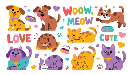 Fototapeta premium Cartoon pet collection dogs and cats with food and heart motifs