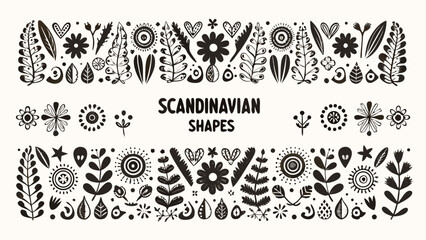 scandinavian floral pattern with stylized leaves and flowers black and white vector illustration © Sampad