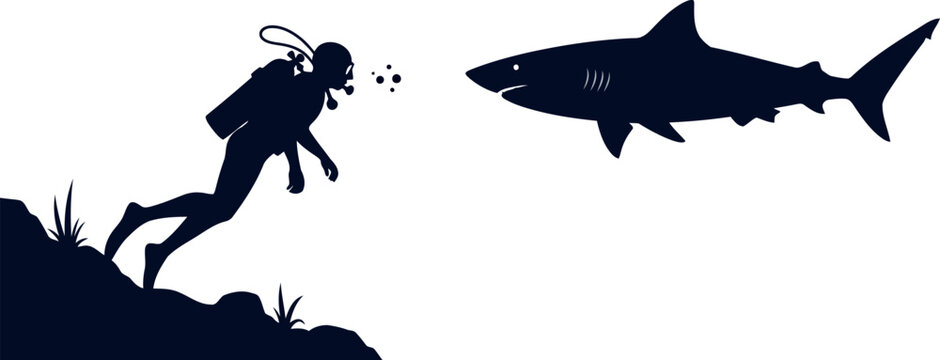 Scuba diver and shark silhouette illustration