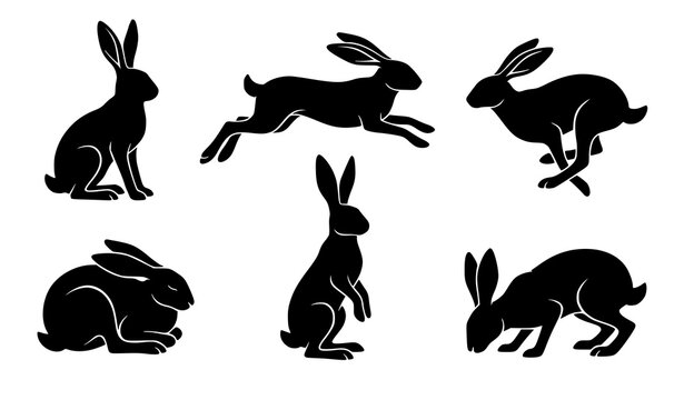 Hare silhouette set mysterious black rabbit vector illustration isolated on white