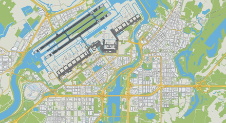 Fototapeta premium Top-Down Aerial View of a Modern International Airport with Runways and Surrounding Urban Infrastructure