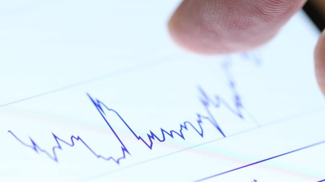 4K close-up of a finger dragging along a digital line graph on a screen, with data points and numbers tracking the movement.